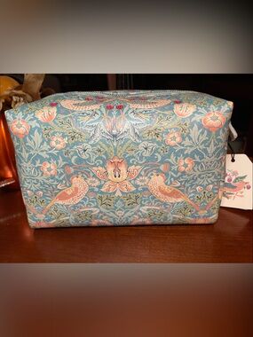 Blue Floral Bird Print Cosmetic Pouch